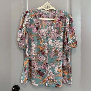 NWOT Daniel Rainn Teal Floral V-Neck Button Blouse with Pink and Rust Accents